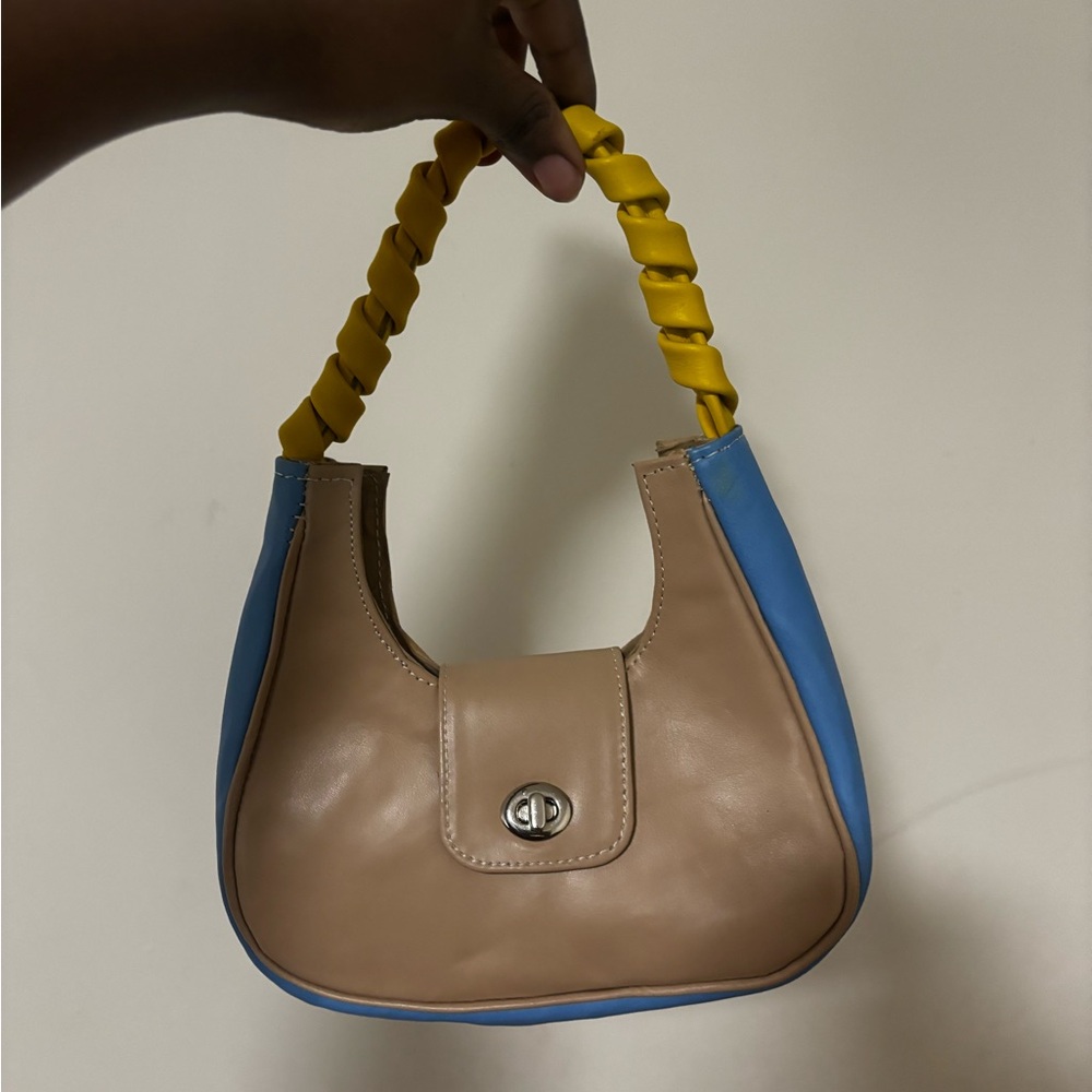 Stylish Tan and Blue Handbag with Yellow Handle